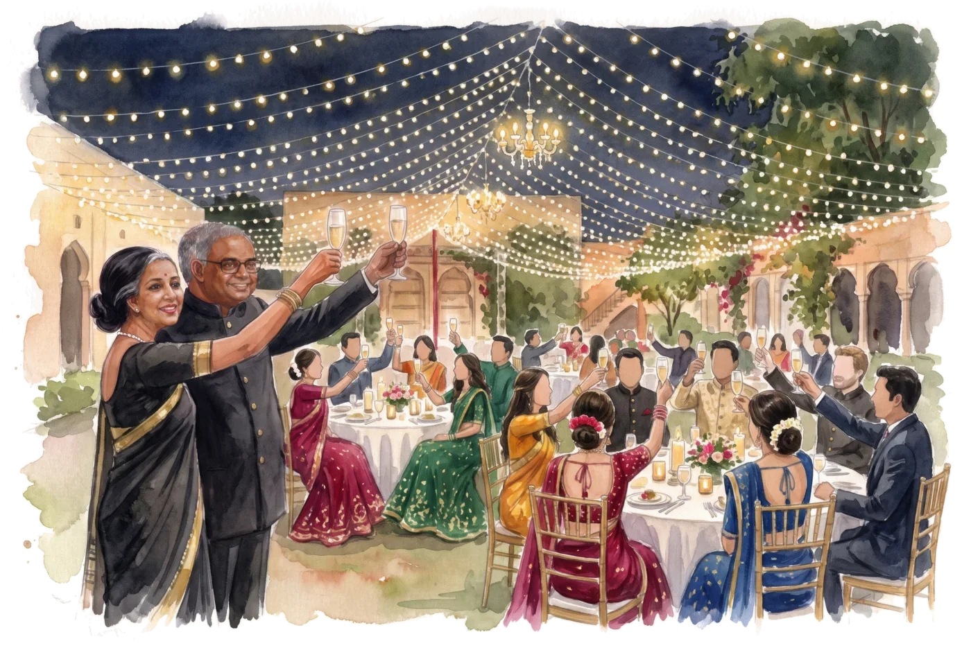 Shruti's parents raising their glasses in a toast, the guests toasting back under the fairy lights