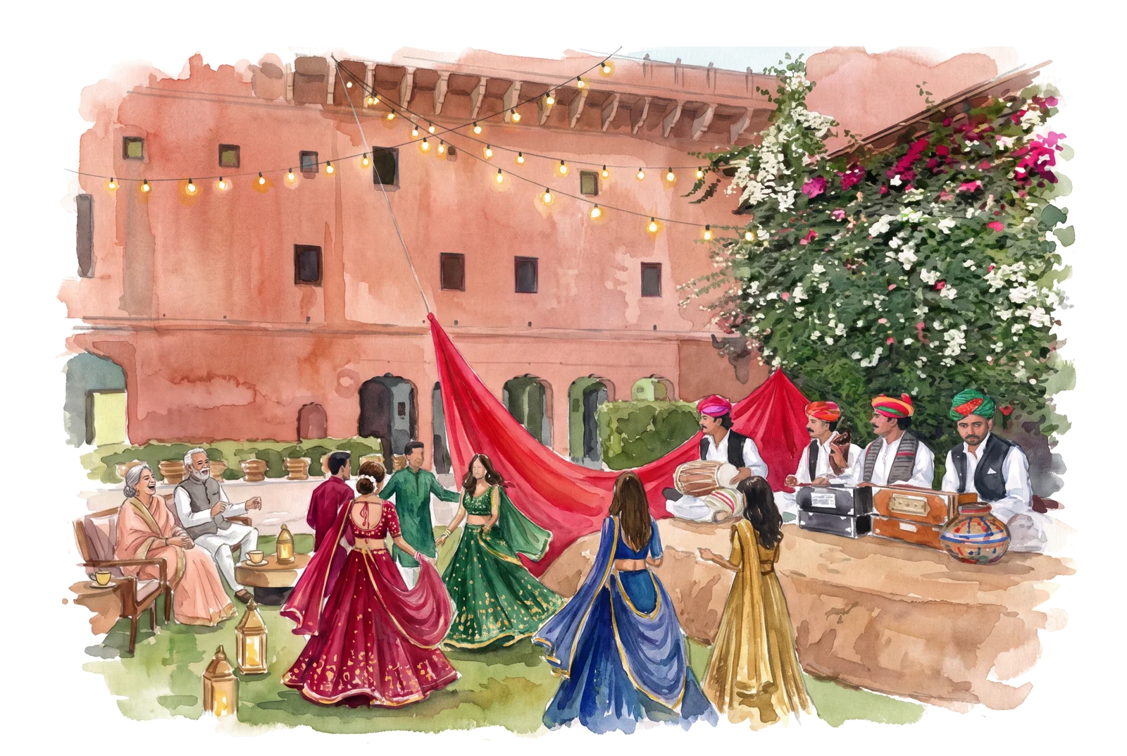 Rashid Khan Langa's Manganiyars playing on the lawn while guests dance and grandparents watch from the sofa