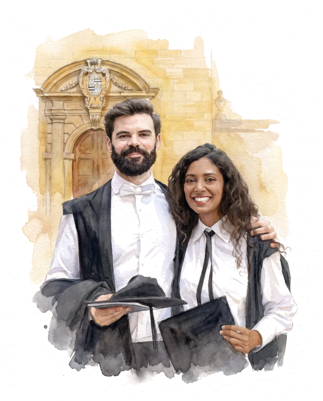 Shruti and David in their Oxford graduation gowns, his arm around her, in front of a carved sandstone doorway