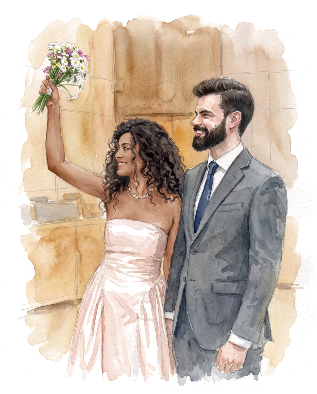 Shruti in a blush-pink gown, raising a bouquet of daisies, beside David in a charcoal suit